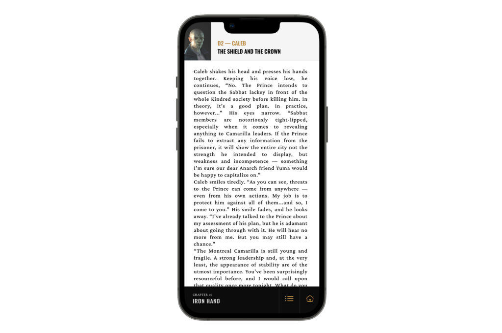 An example of a chapter dialogue page. At the bottom, we see a permanent navigation that provides quick access to the main menu as well as the Table of Contents.