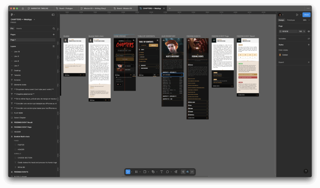 A Figma screenshot of various CHAPTERS app screens. This material is used to upgrade the current app to its final version, ready for iOS and Android.